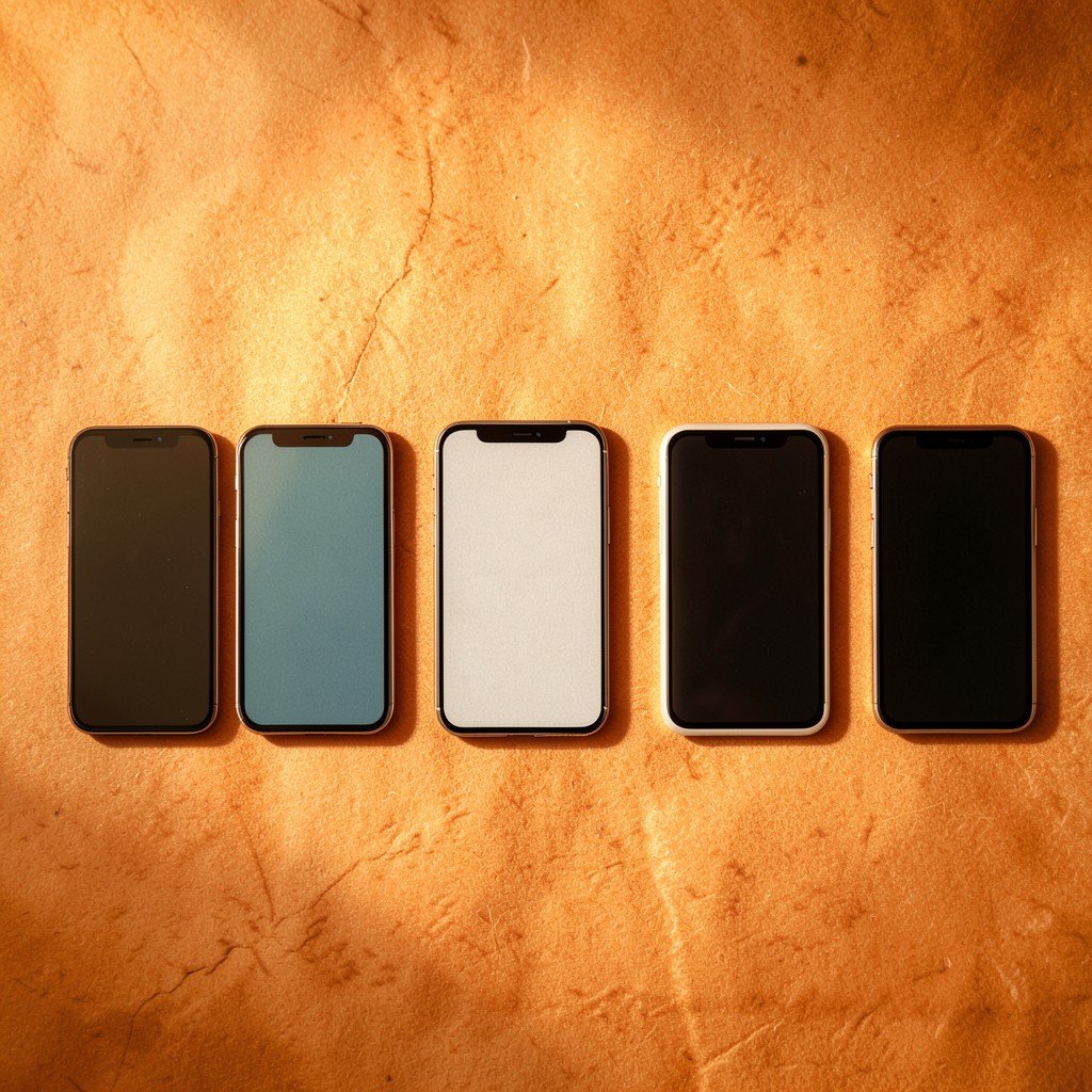 Evolution of smartphone devices lined up chronologically from old to new on a warm textured background, nostalgic yet modern photography style, soft lighting, no text, 4:3