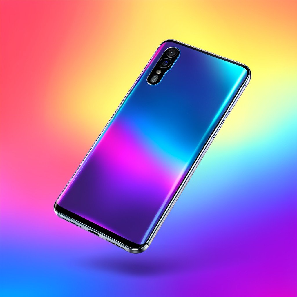 futuristic ultra-thin smartphone with dual rear cameras and edge-to-edge OLED display, floating on a colorful gradient background, high-tech product render style, bright balanced lighting, no text, 4:3