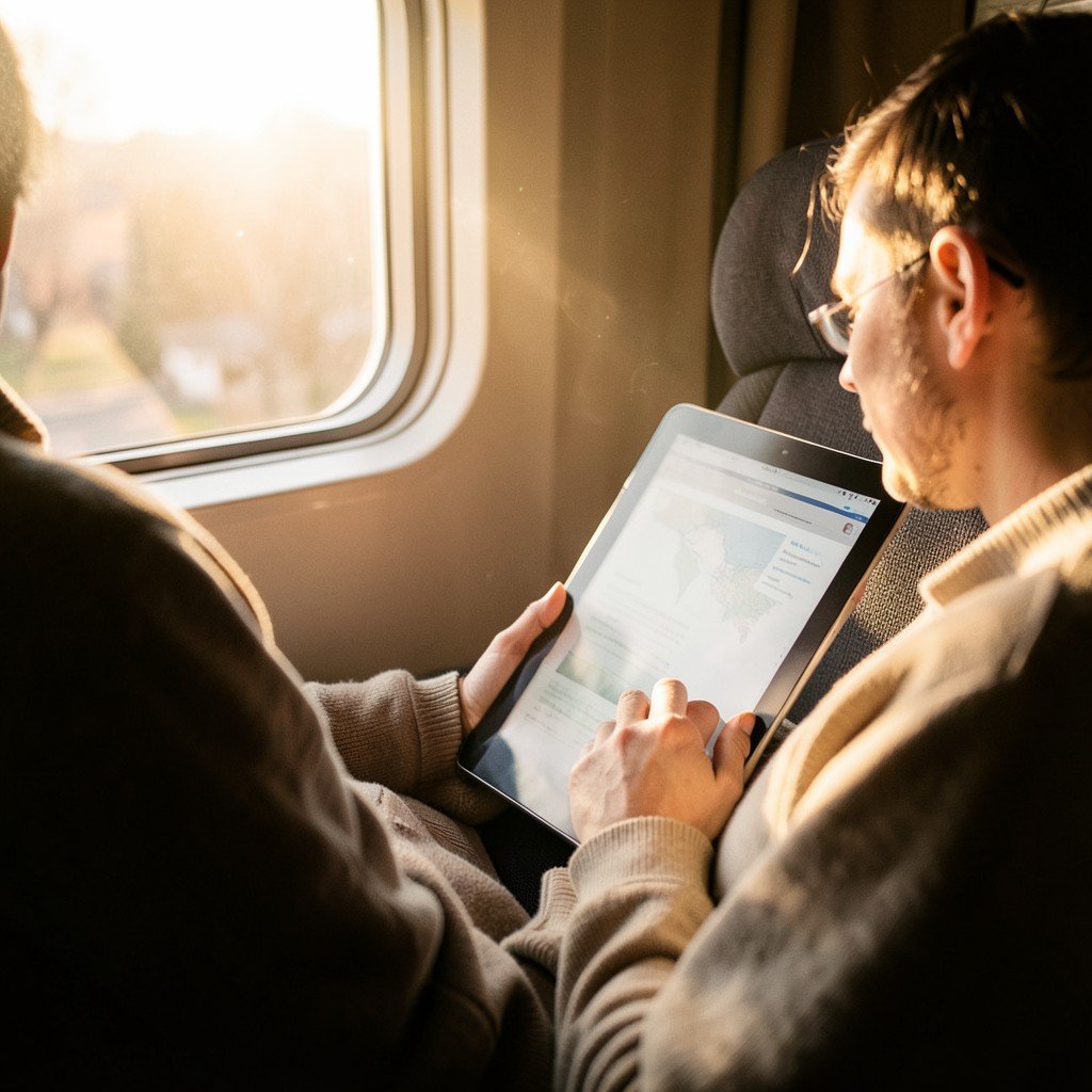 A person using a tablet on a train seat by the window, natural daylight streaming in, cozy travel atmosphere, warm color tones, no visible text, 4:3 aspect ratio
