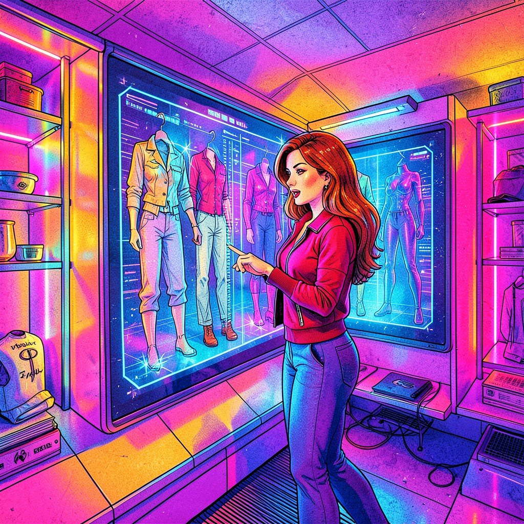 A retro-futuristic digital closet concept inspired by 1990s movie aesthetics, a stylish woman browsing virtual outfits on a screen, vibrant colors and playful composition, illustration style with textured background, no visible text, 1:1