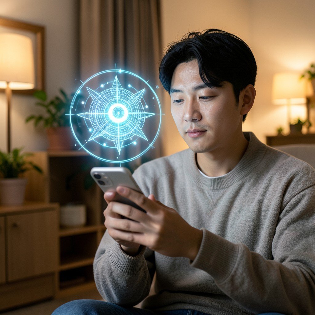 A glowing AI chatbot hologram above a smartphone held by a Korean person in casual clothing, cozy modern interior background, warm lighting, thoughtful expression, no text, 4:3