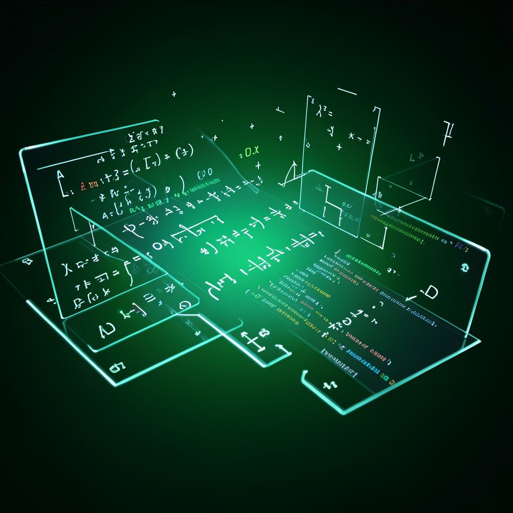 AI solving math equations and code on a futuristic holographic workspace, glowing symbols and brackets floating, dark green gradient background, no readable text, 4:3