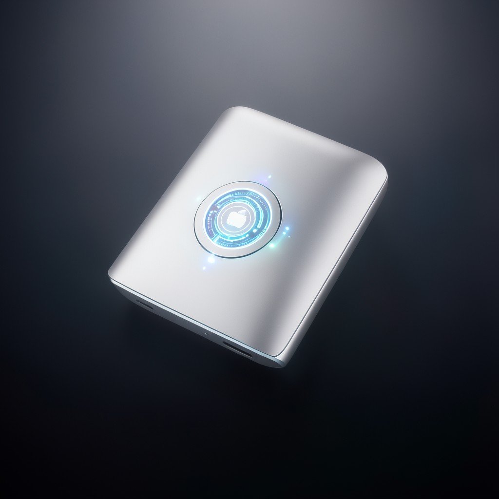 sleek futuristic Apple style device with glowing AI core, minimal elegant design, soft studio lighting on silver and dark gradient background, premium technology feel, 4:3
