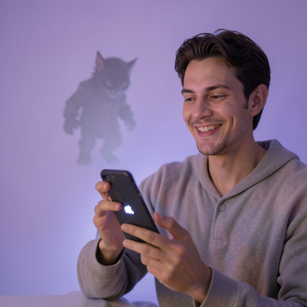 A person having a friendly conversation with an AI chatbot on a smartphone while a tiny goblin shadow fades away in the background soft purple gradient lighting modern lifestyle photography style 4:3