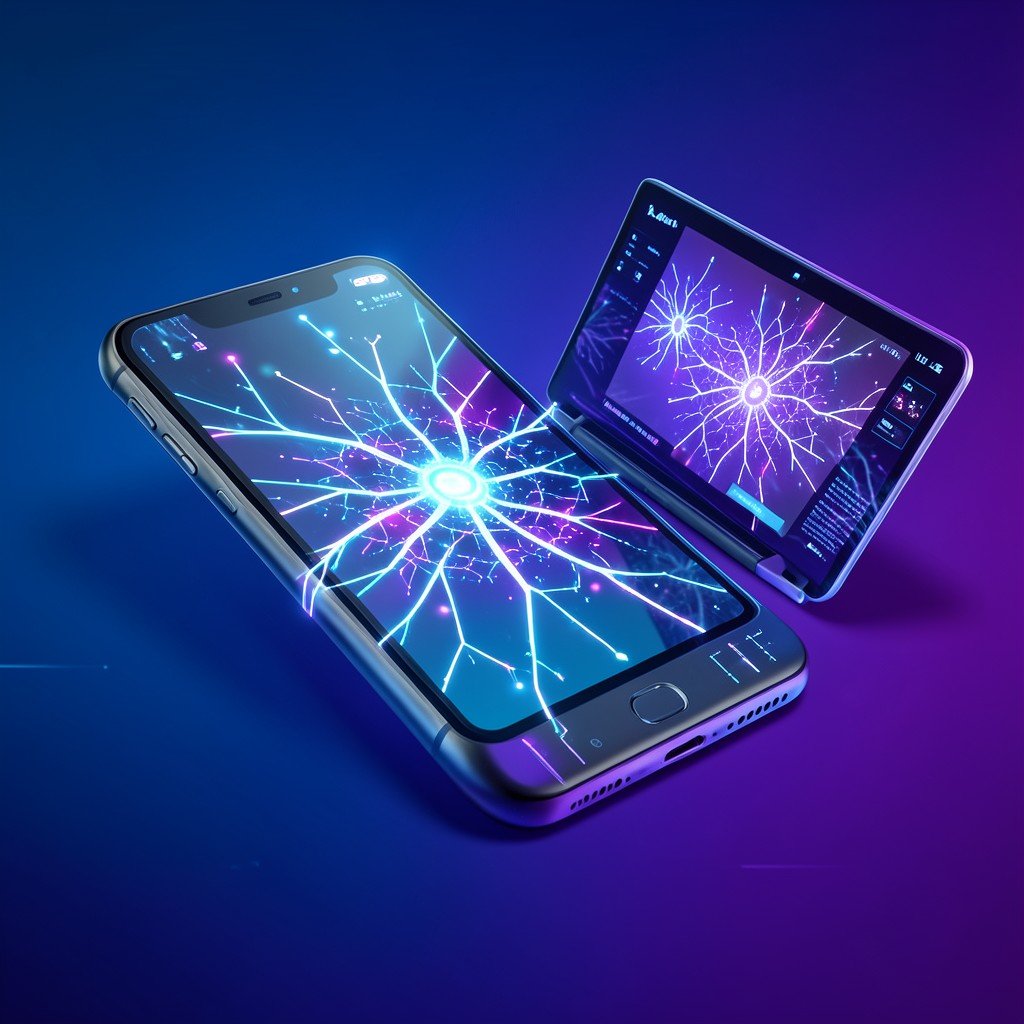 Futuristic AI concept with glowing neural network patterns over a smartphone and laptop, deep blue and purple gradient background, high tech atmosphere, 1:1
