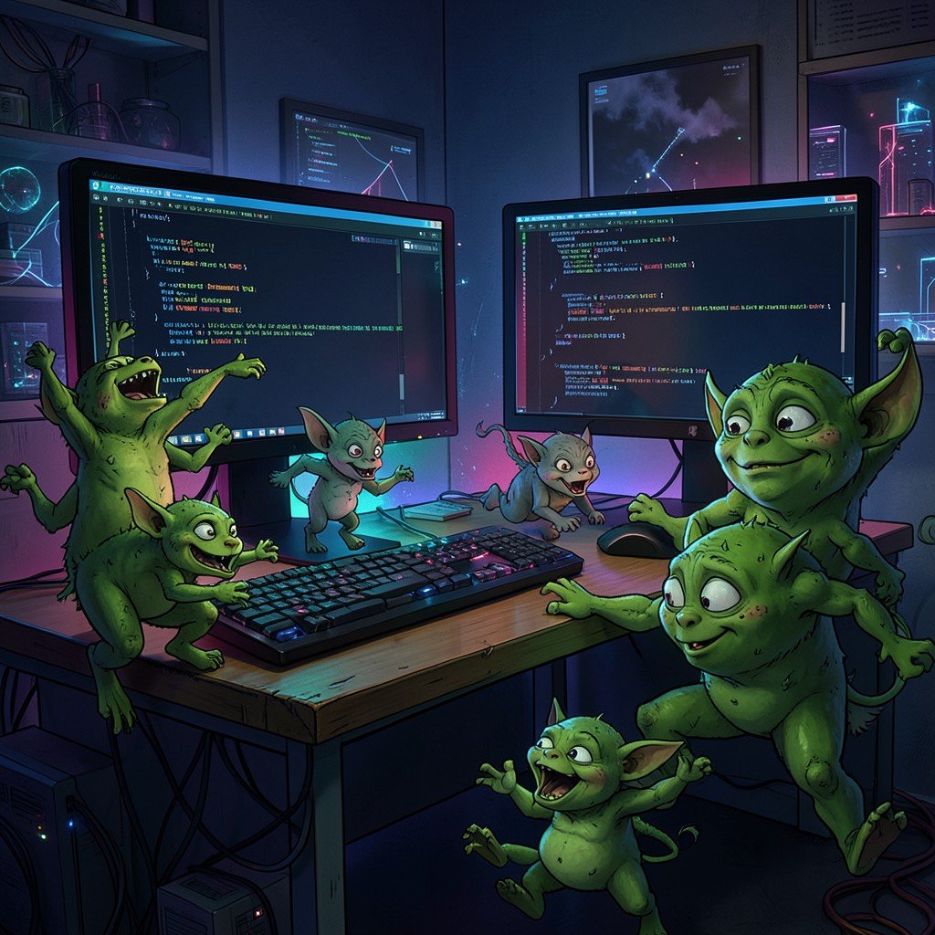Playful green goblins and gremlins running freely around a programmer desk with dual monitors showing code dark room with colorful screen glow fantasy meets technology illustration 4:3