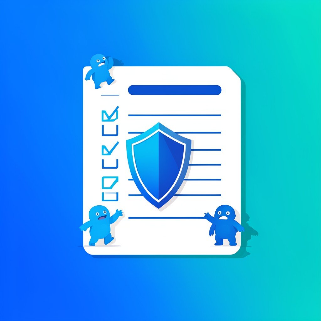 A clean modern infographic style illustration of a checklist document with shield icon blocking small cartoon monster silhouettes blue and teal gradient background flat design no text 4:3