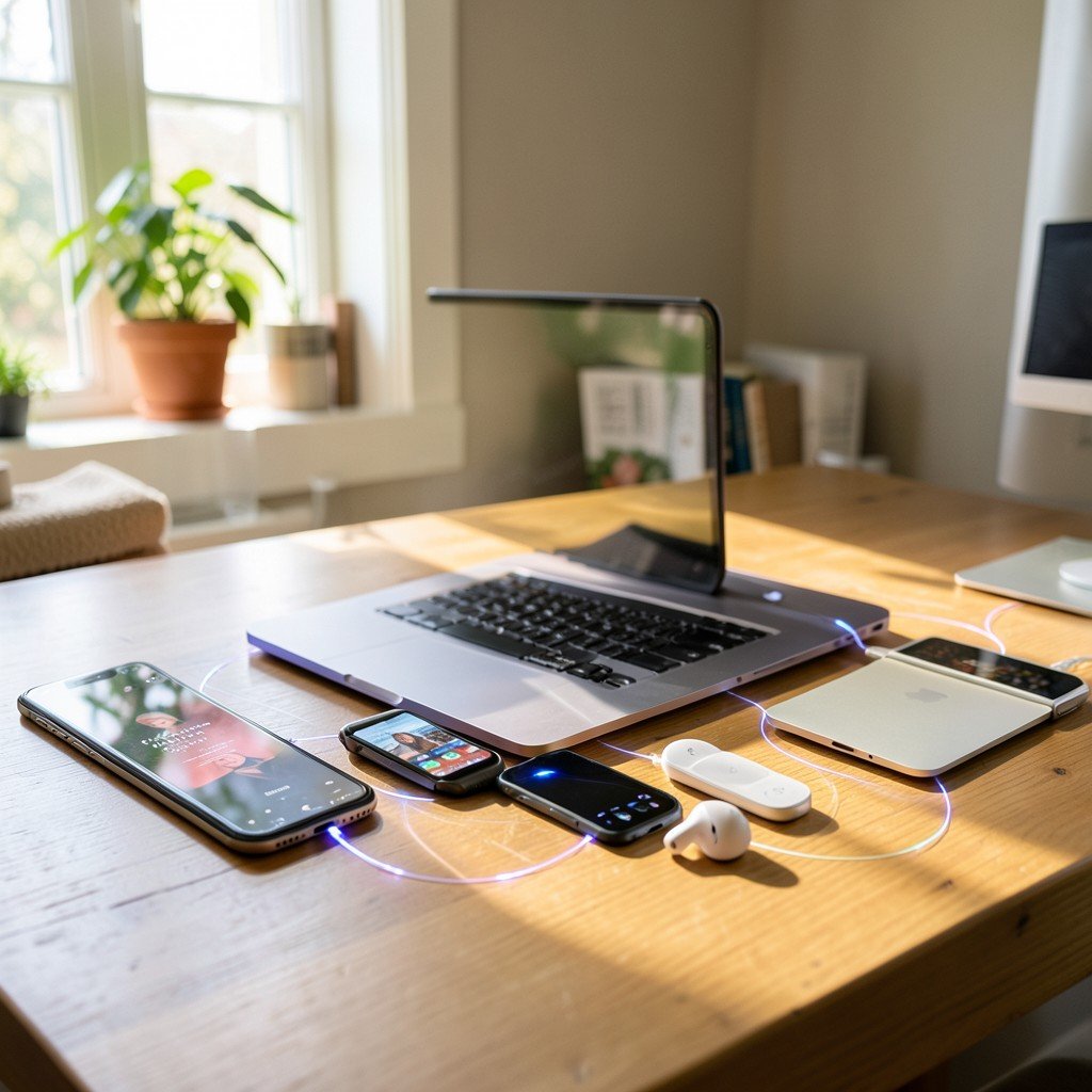 Apple ecosystem devices including smartphone laptop tablet smartwatch and earbuds arranged together on a wooden desk, connected by subtle glowing lines, cozy home office setting, bright natural lighting, no text, 4:3