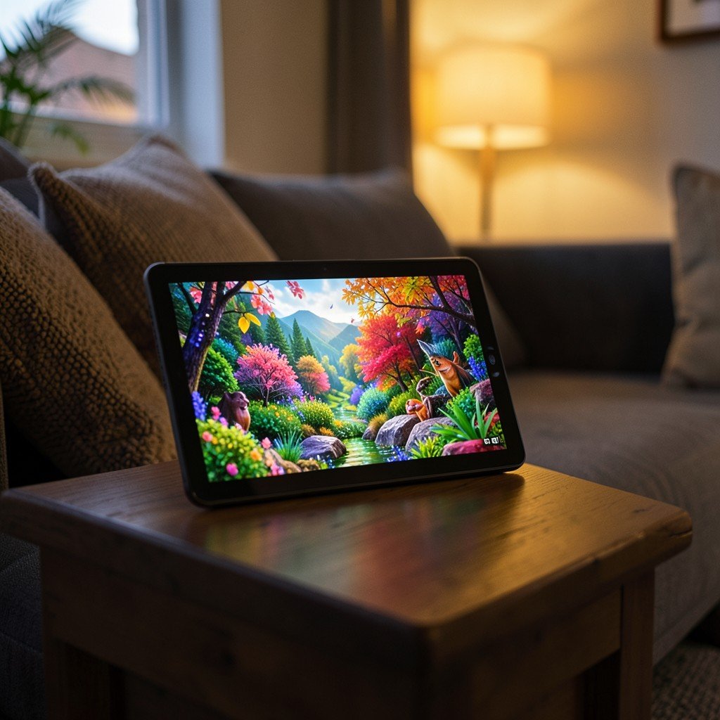 A tablet on a cozy couch side table playing a vivid colorful nature scene on screen, soft evening ambient lighting, warm living room setting, no visible text, 4:3 aspect ratio