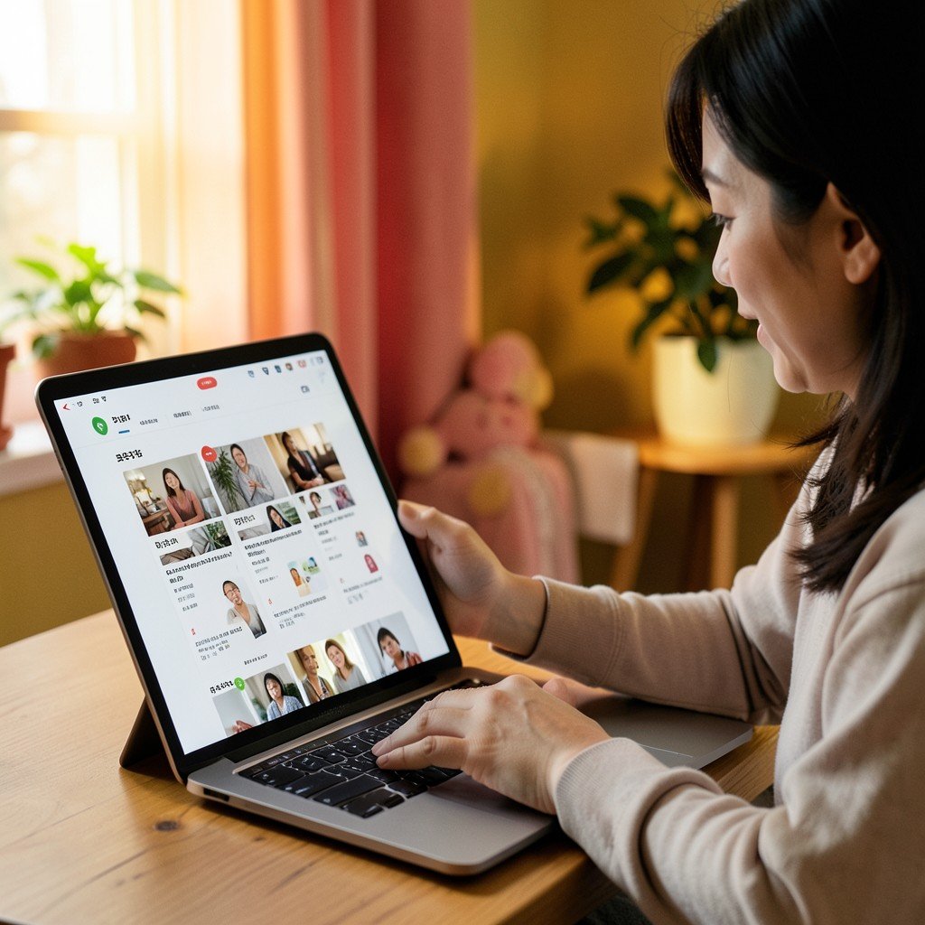 A person hands browsing a tablet shopping page on a laptop in a cozy home setting, warm ambient lighting, colorful soft background, Korean appearance, natural expression, lifestyle photography, no text, 4:3