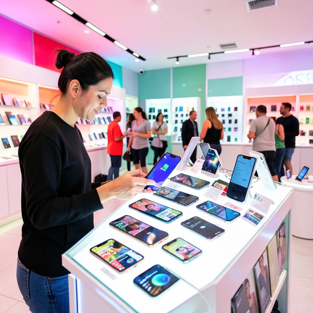 A customer comparing smartphones at an electronics store display, bright retail interior with colorful product lighting, lifestyle photography, no visible text, 4:3