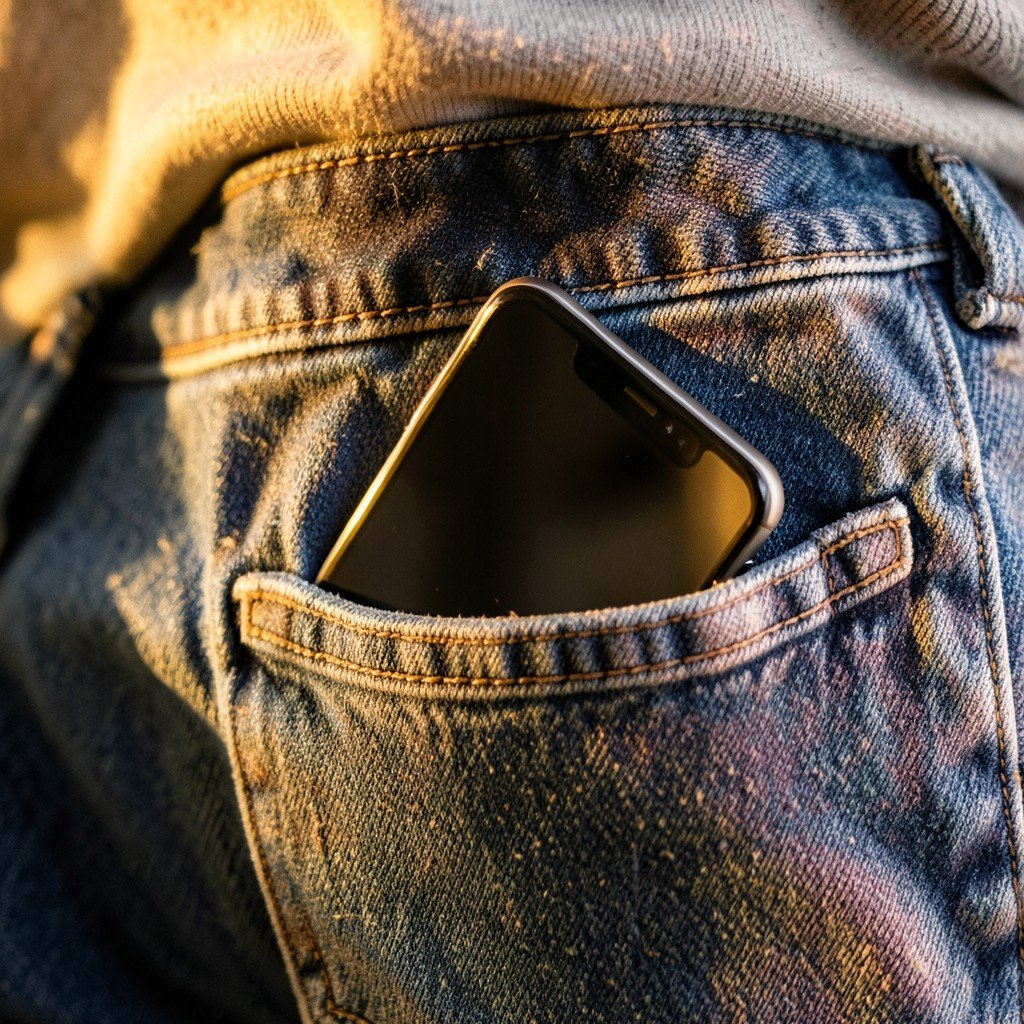 An ultra-thin smartphone slipping easily into a jeans front pocket, close-up shot, casual everyday setting with warm tones, lifestyle photography, no visible text, 1:1