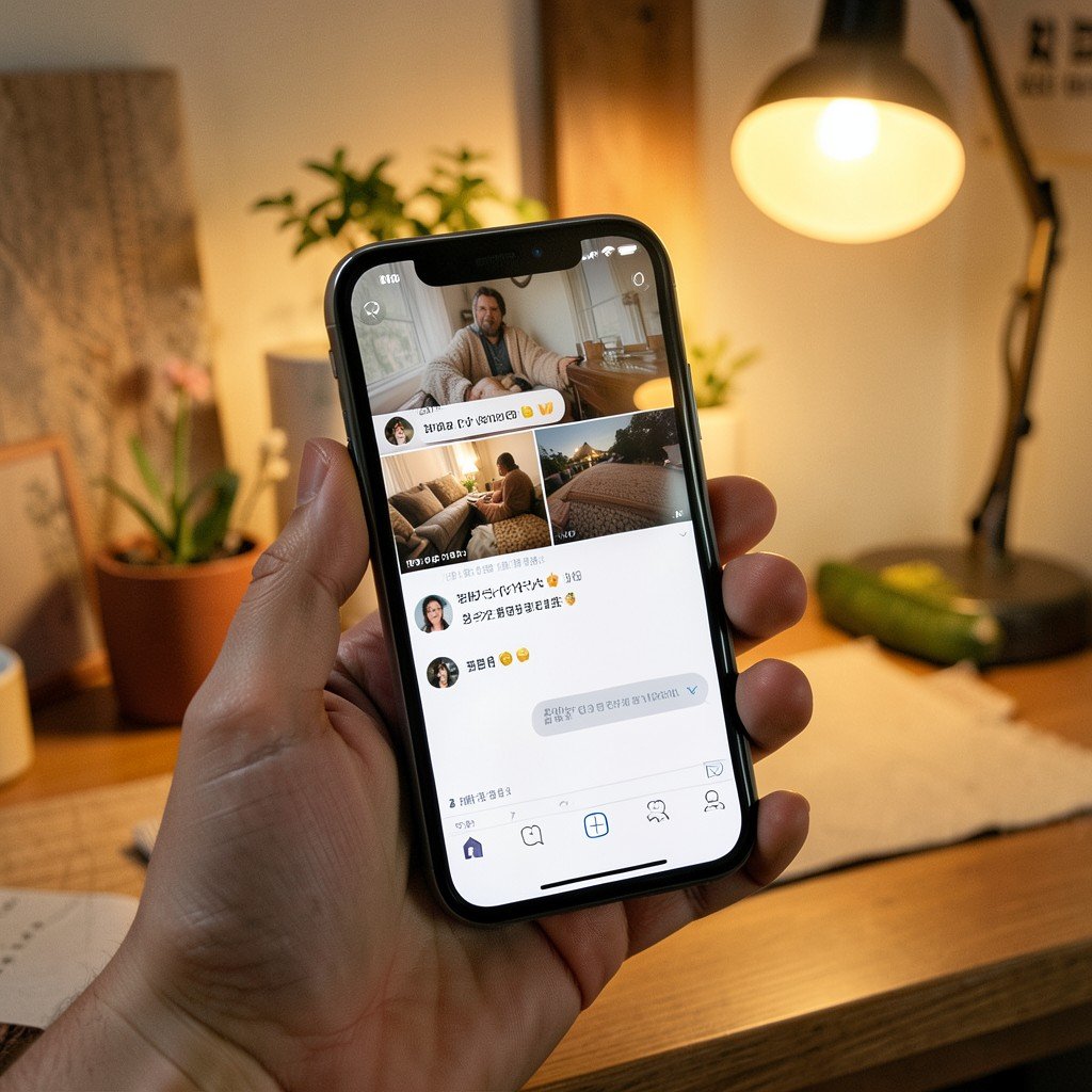 A hand holding a smartphone showing a small floating video window over a messaging app screen, cozy desk setting with warm lighting, lifestyle photography, Korean style interior, no visible text, 4:3