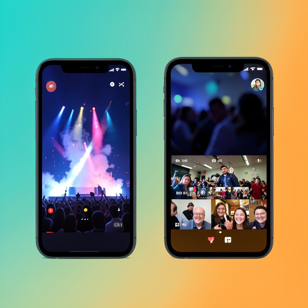 Two smartphone screens side by side, one showing a concert video paused and one showing a vlog playing in a small floating window, teal and orange gradient background, clean modern illustration, no visible text, 4:3