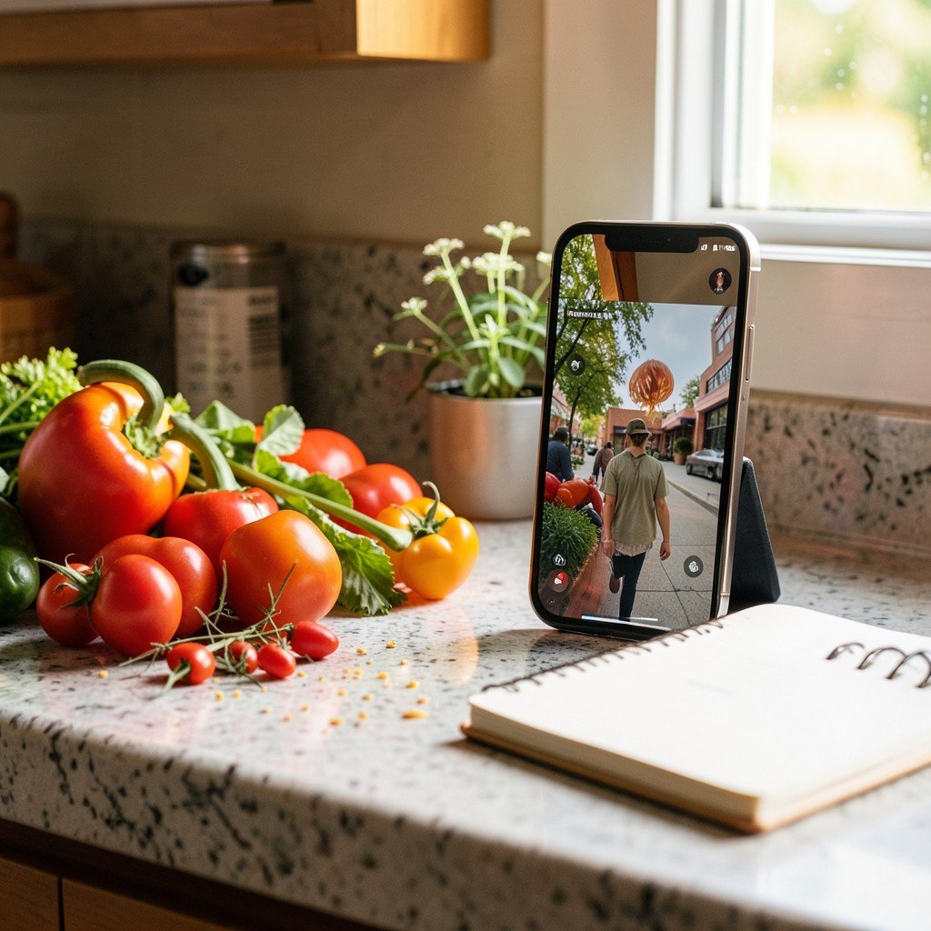 A kitchen counter scene with a smartphone propped up playing a video in a small window, fresh vegetables and a notebook nearby, warm natural lighting, lifestyle photography, no visible text, 4:3
