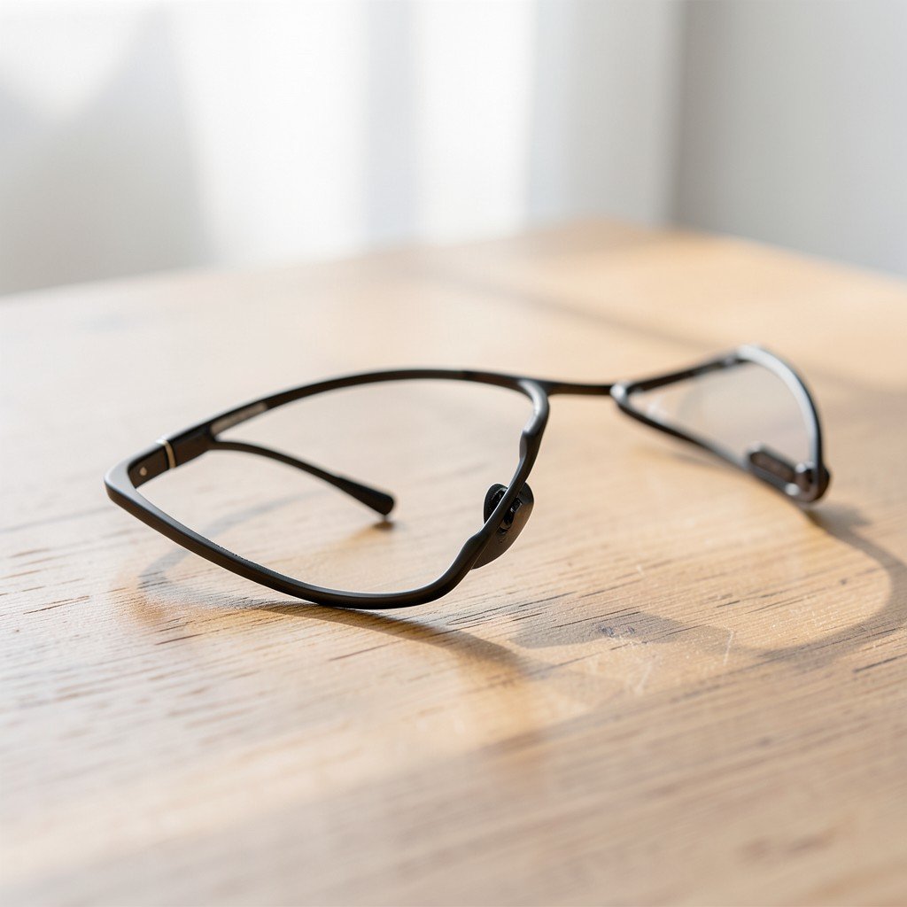 Close-up of ultra slim lightweight smart glasses frame without display lenses, placed on a wooden desk with soft natural light, minimalist product photography, Apple smart glasses, 4:3