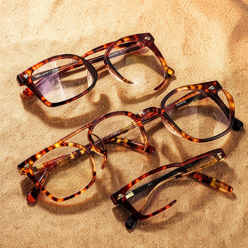 Several stylish acetate eyeglass frames in different colors and shapes arranged on a textured fabric surface, top view, warm studio lighting, premium eyewear design, 1:1