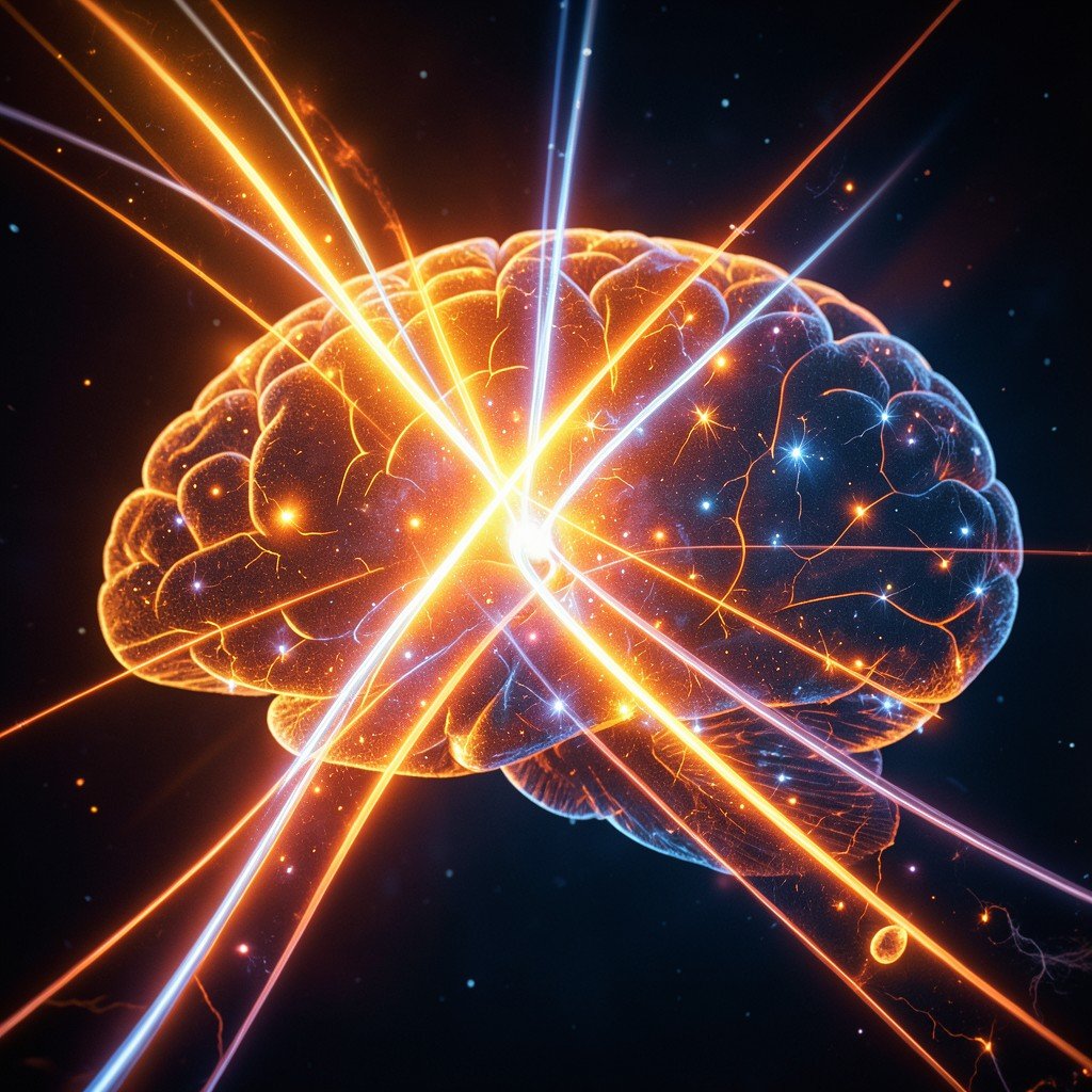 multiple glowing pathways diverging and exploring different solutions in a digital brain landscape, warm orange and deep blue tones, rich detailed background, no text, 4:3