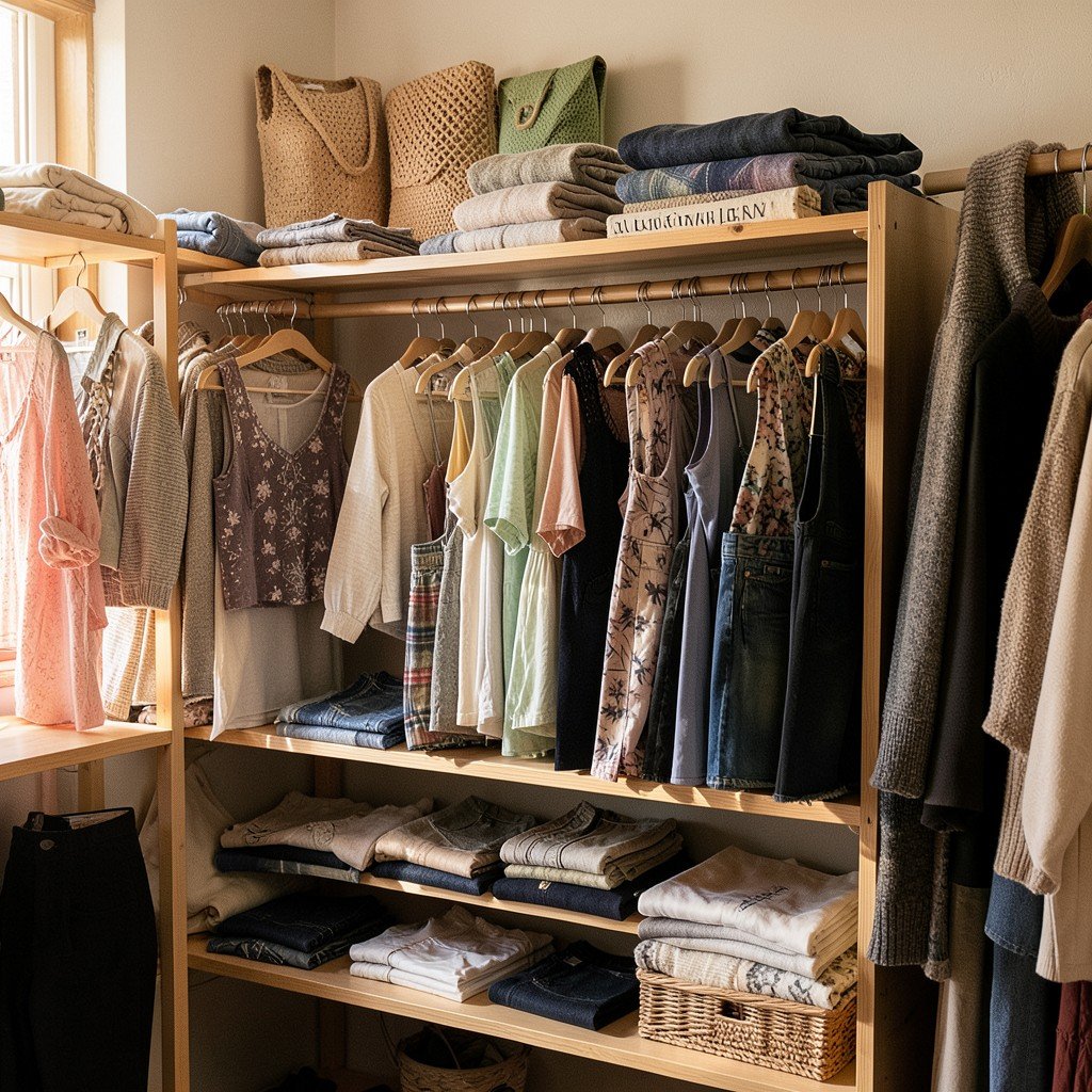 A neatly organized collection of clothing items sorted into categories like tops and bottoms on display shelves, warm natural lighting, lifestyle photography, cozy closet interior background, no visible text, 4:3