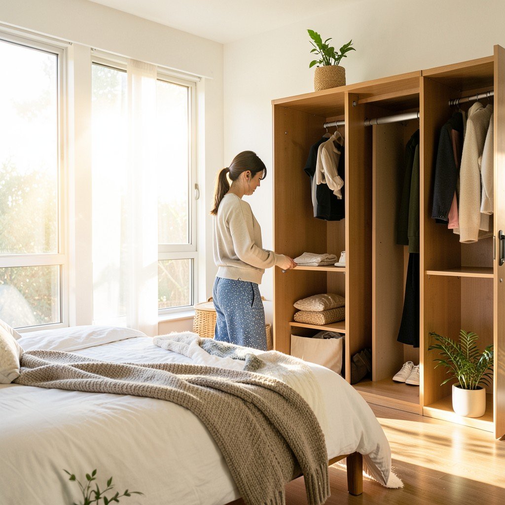 A person choosing an outfit in a bright modern bedroom with an open closet, morning sunlight streaming through windows, warm and natural lifestyle photography, relaxed atmosphere, no visible text, 4:3