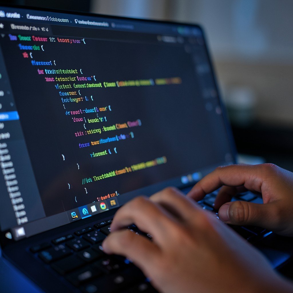 Close up of a code editor screen with inline annotations and highlighted code lines, dark UI with blue accent glow, developer hands typing on keyboard, shallow depth of field, no readable text, 4:3