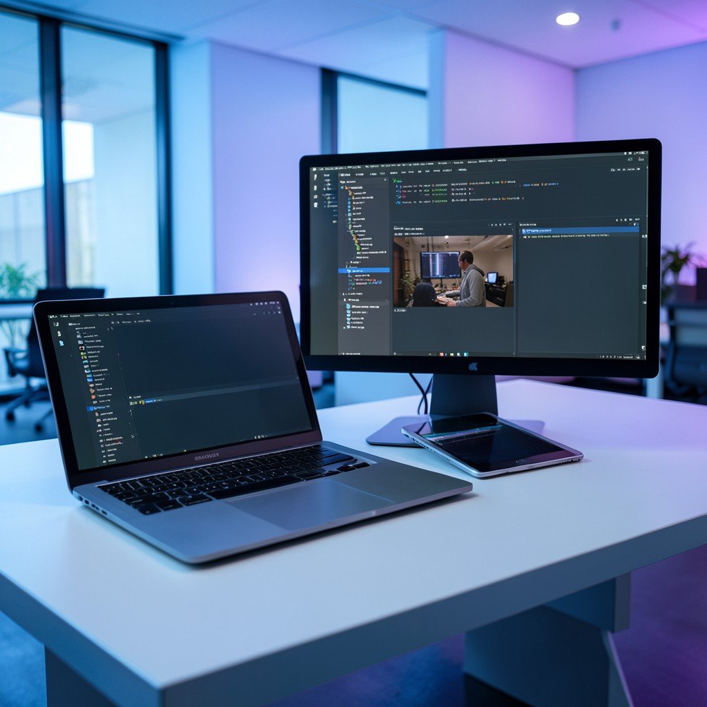Multiple devices on a desk including a laptop tablet and monitor showing synchronized development environments, modern office setting, cool blue and purple gradient lighting, no visible text, 4:3