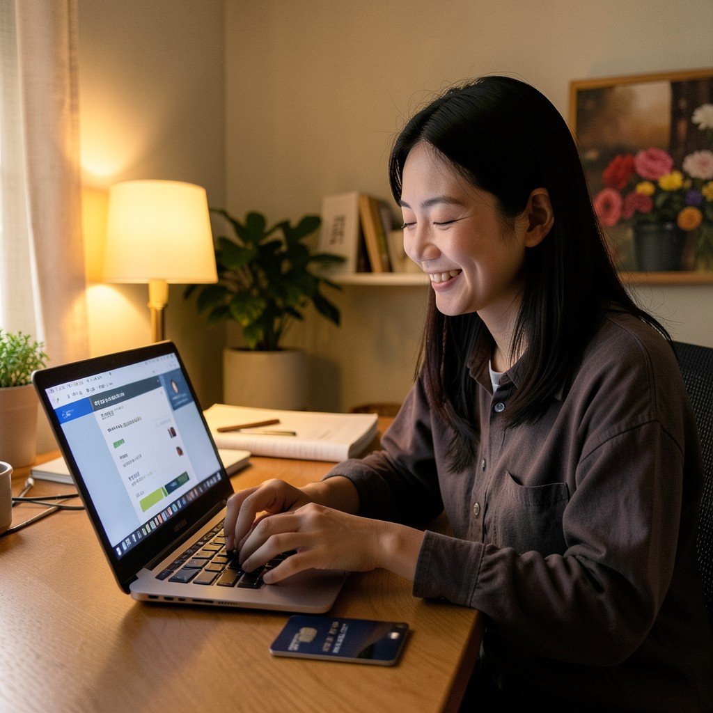 A person sitting at a cozy home office desk making an online purchase on a laptop, credit card on desk, warm evening lighting, satisfied expression, Korean appearance, no visible text, 4:3