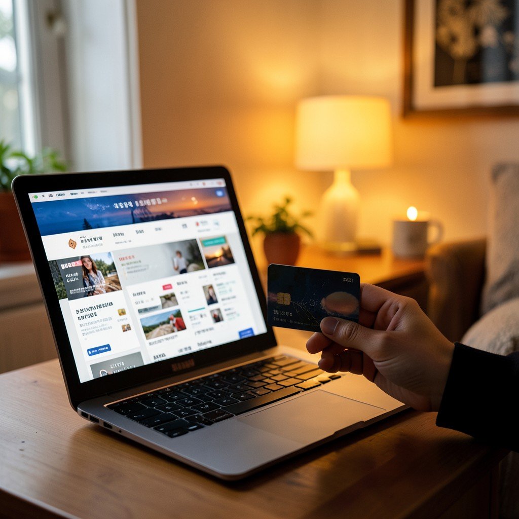 Person hands holding credit card near laptop showing online store, cozy evening home setting with warm ambient lighting, lifestyle photography, Korean appearance, natural expression, no visible text, 4:3