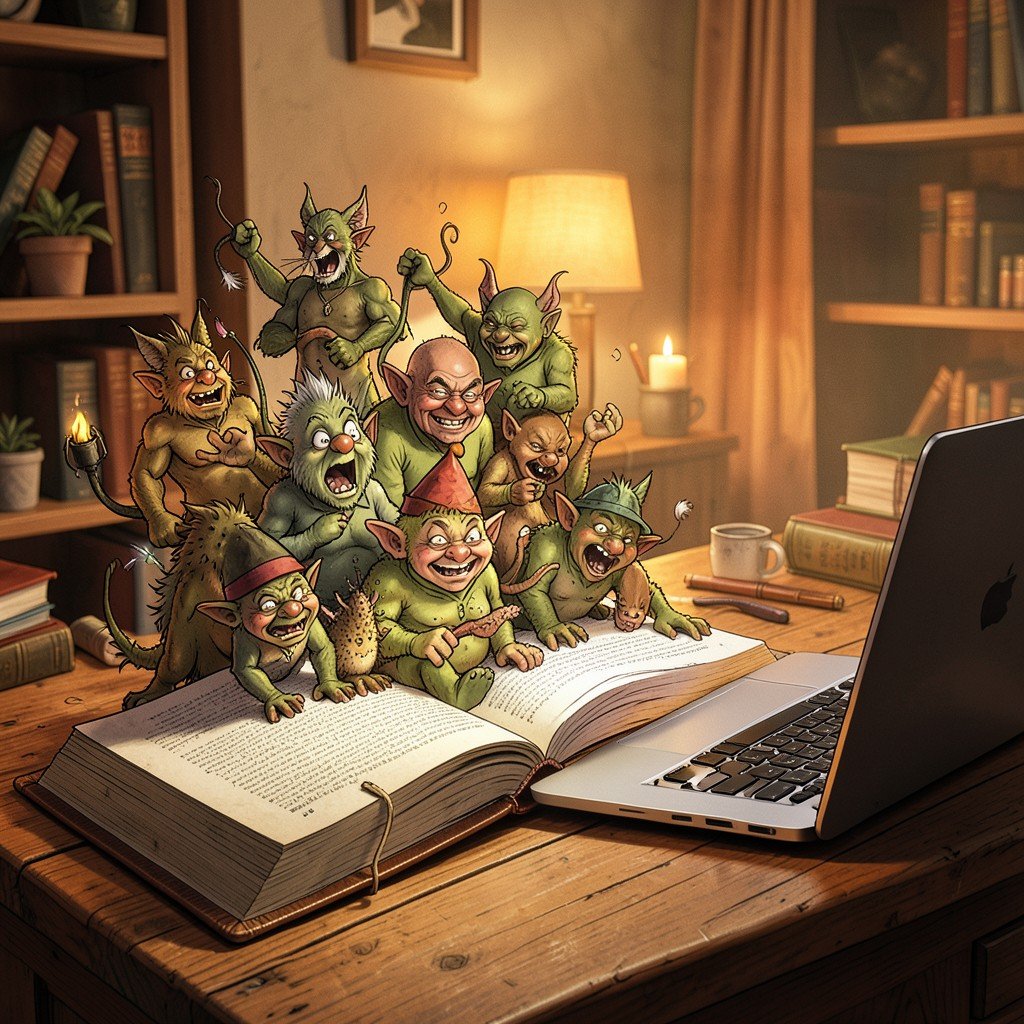 A whimsical illustration of fantasy creatures like goblins and gremlins emerging from an open book next to a laptop on a wooden desk warm lighting cozy study room atmosphere no text 4:3