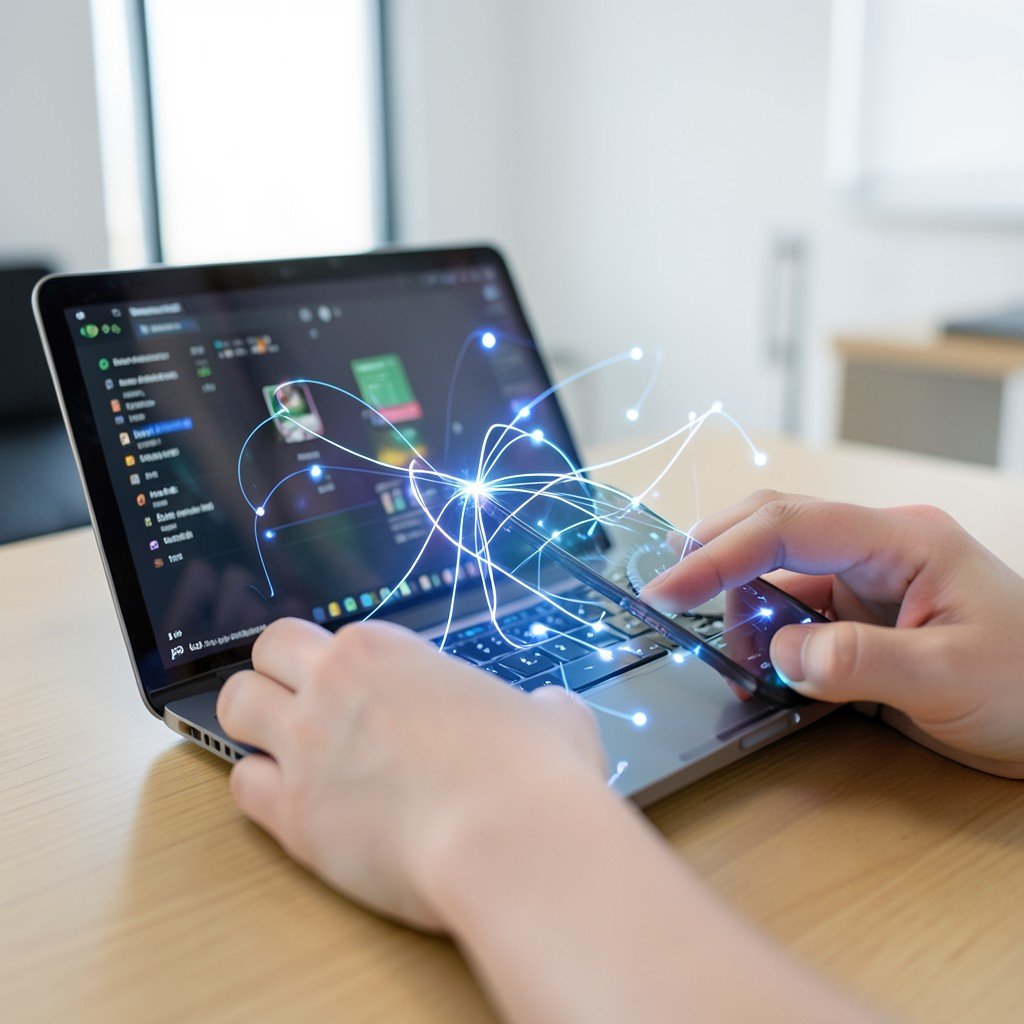 Close-up of hands using a smartphone to remotely control a laptop across a desk, screen mirroring concept with glowing connection effect, modern minimal office, 4:3