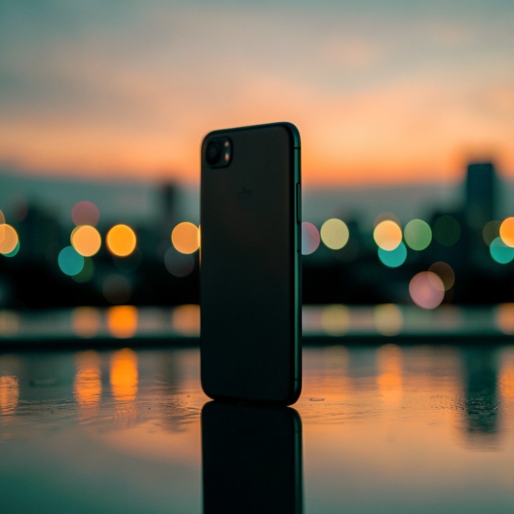 single slim smartphone standing upright on a reflective surface with city lights bokeh background at dusk, cinematic editorial photography, orange and teal tones, no text, 4:3