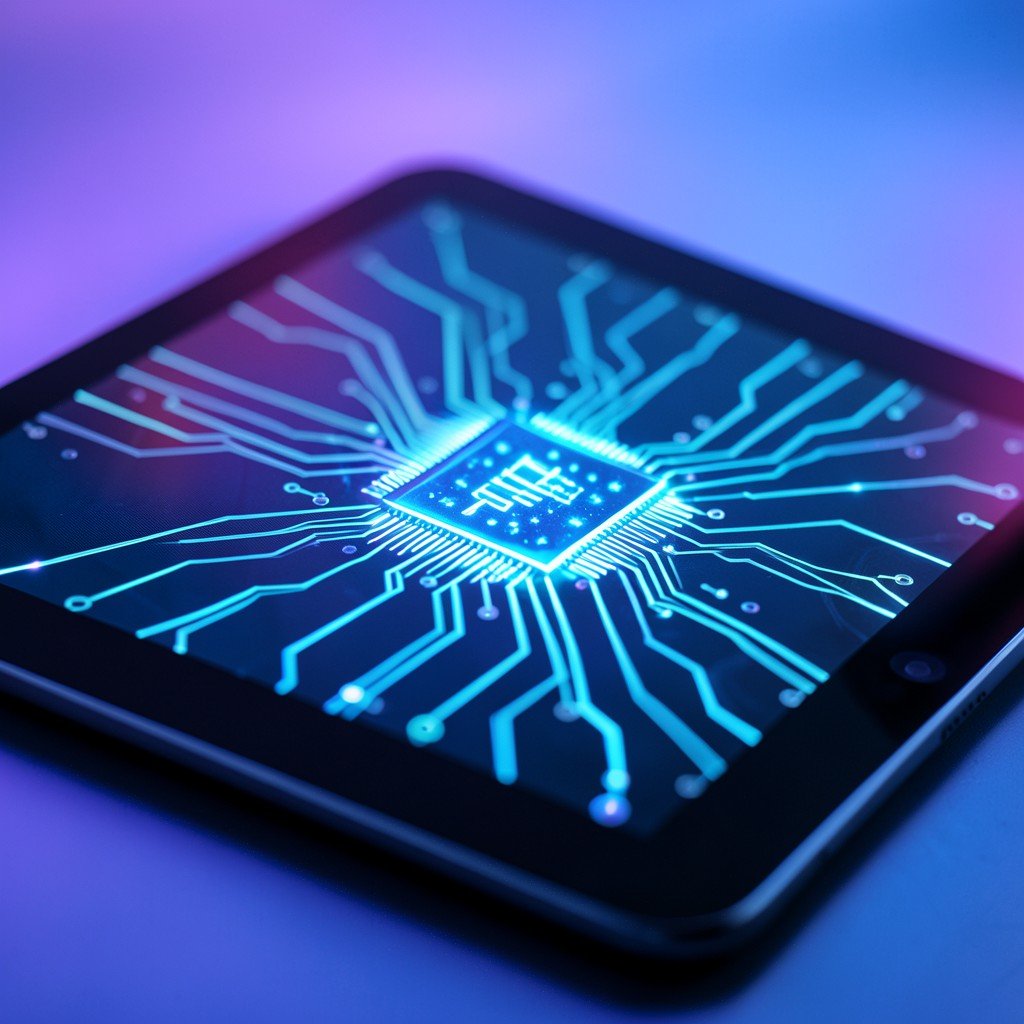 Close up of a tablet device with glowing circuit patterns in the background symbolizing powerful chip performance, blue and purple gradient lighting, modern tech atmosphere, no text, 4:3