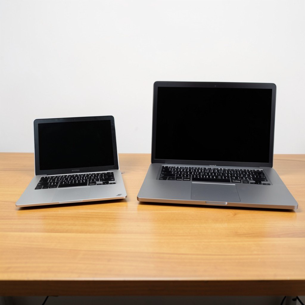 Two laptops of different sizes side by side on a wooden desk, one smaller and one larger, clean studio lighting, no visible text, no logos, no watermark, aspect ratio 1:1
