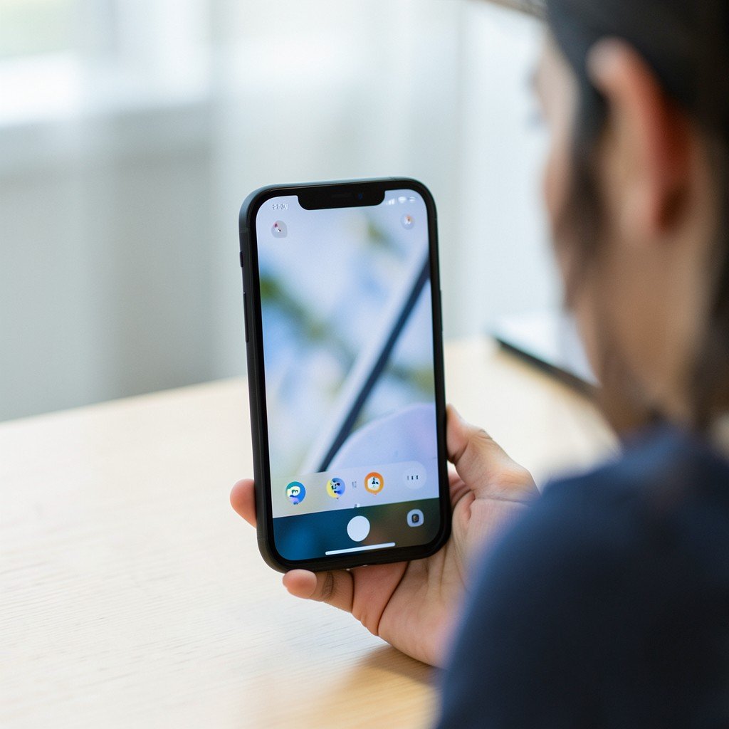 A person reviewing an Android phone screen with a calm modern desk setup, blurred translucent background, no visible text, no logos, no watermark, aspect ratio 1:1