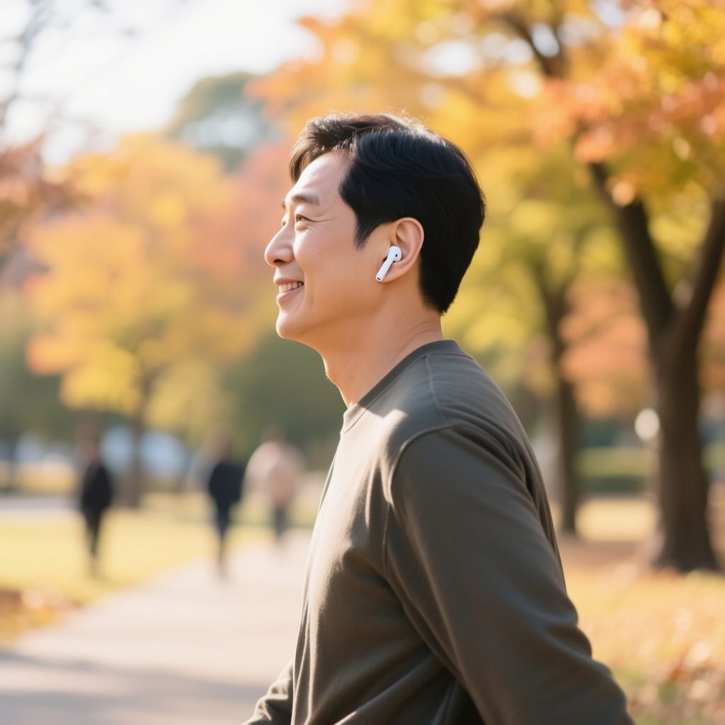 에어팟으로 건강한 청취 습관을 실천하는 모습