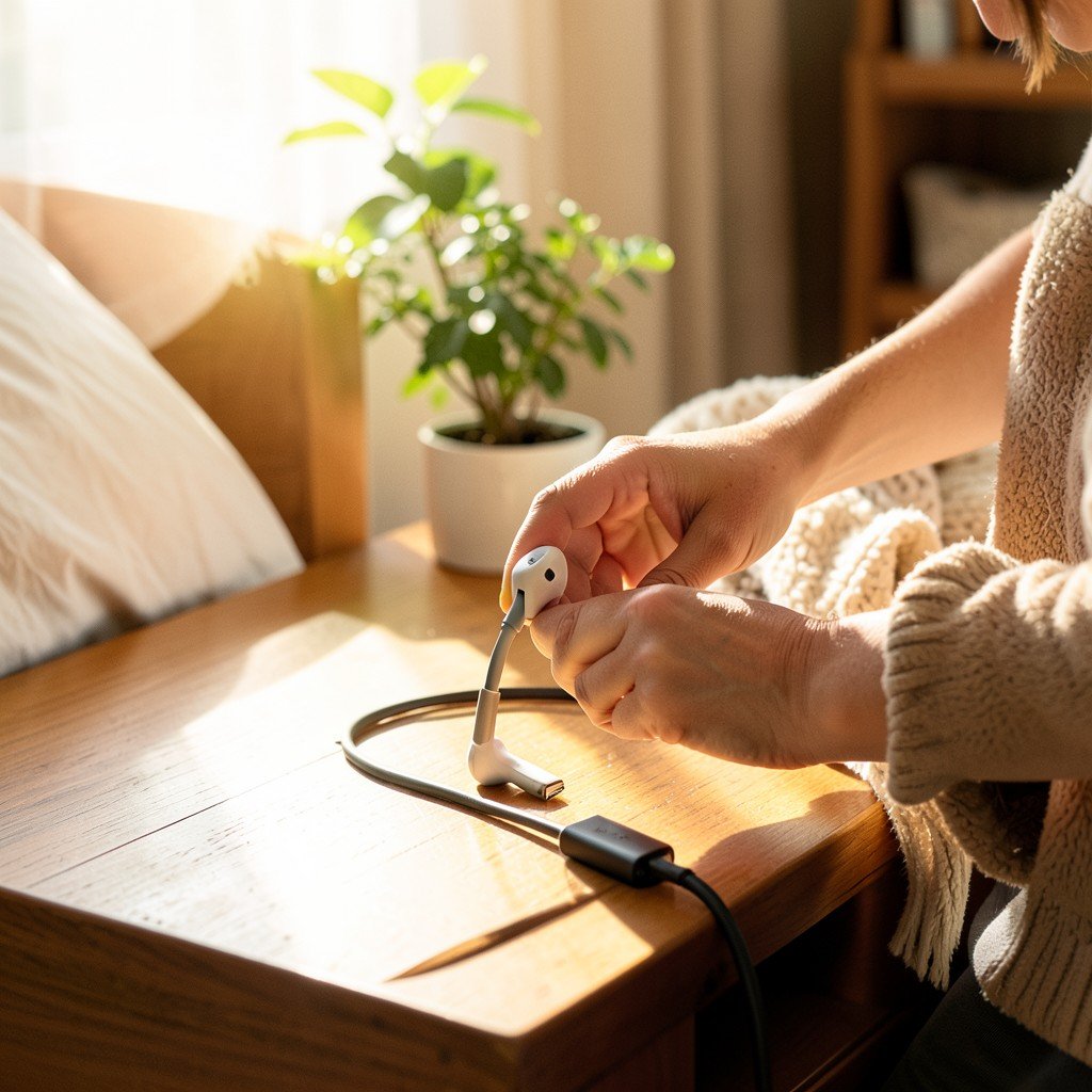 person charging wireless headphones with USB-C cable on a bedside table morning sunlight lifestyle photography warm cozy interior background no text 4:3