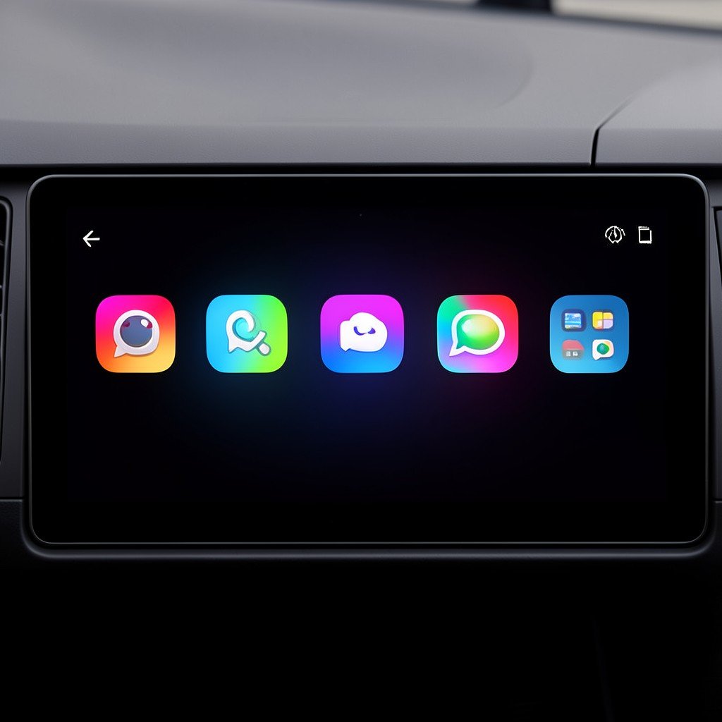 Car infotainment screen showing multiple AI assistant app icons in a row, sleek modern interface design, dark themed display with colorful app icons, centered composition, no visible text, 4:3