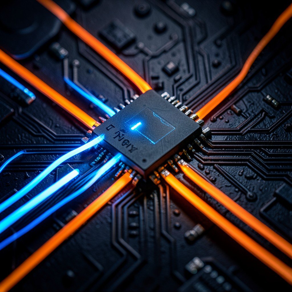 Macro photography of a glowing mobile processor chip on a circuit board with blue and orange light trails, dark textured tech background, high contrast product shot, no visible text, 1:1