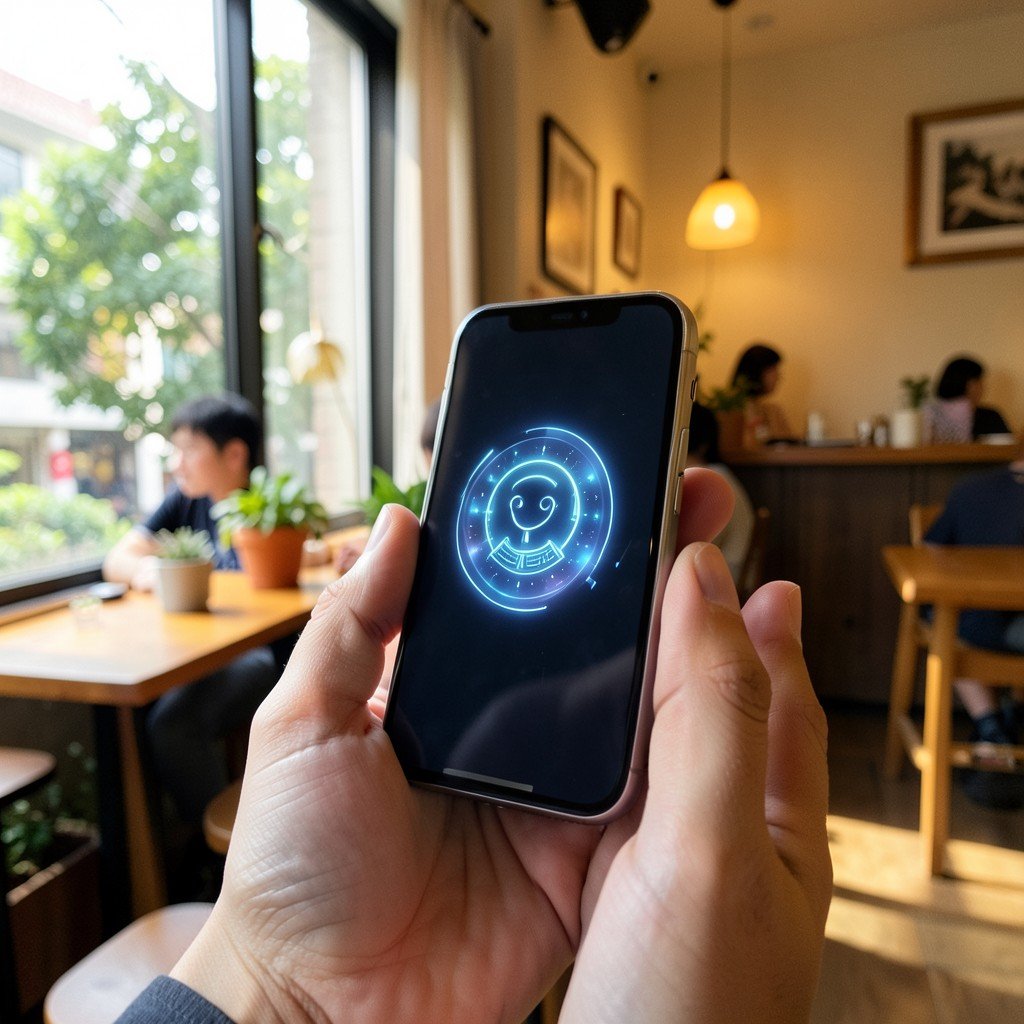 A person holding a modern smartphone with a soft glowing AI assistant interface, warm cafe setting with natural window light, lifestyle photography style, Korean appearance, no visible text on screen, 4:3