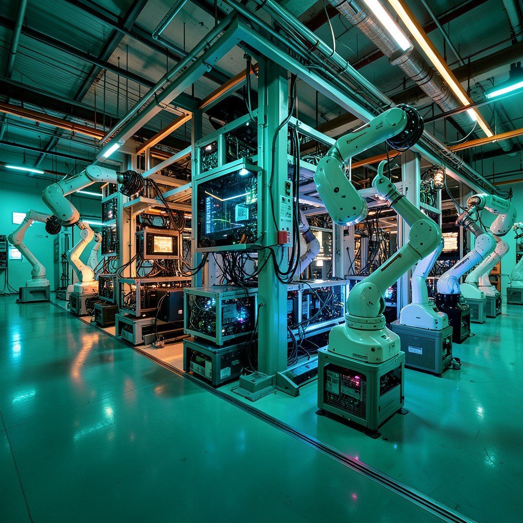 A modern smartphone assembly line with robotic arms and glowing components, cool teal and orange industrial lighting, wide angle view of high tech factory floor, no visible text, 4:3