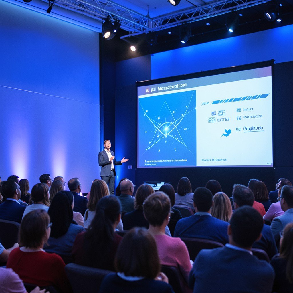A professional speaker presenting about AI in manufacturing at a conference session, engaged audience, modern auditorium with blue accent lighting, no visible text, 4:3
