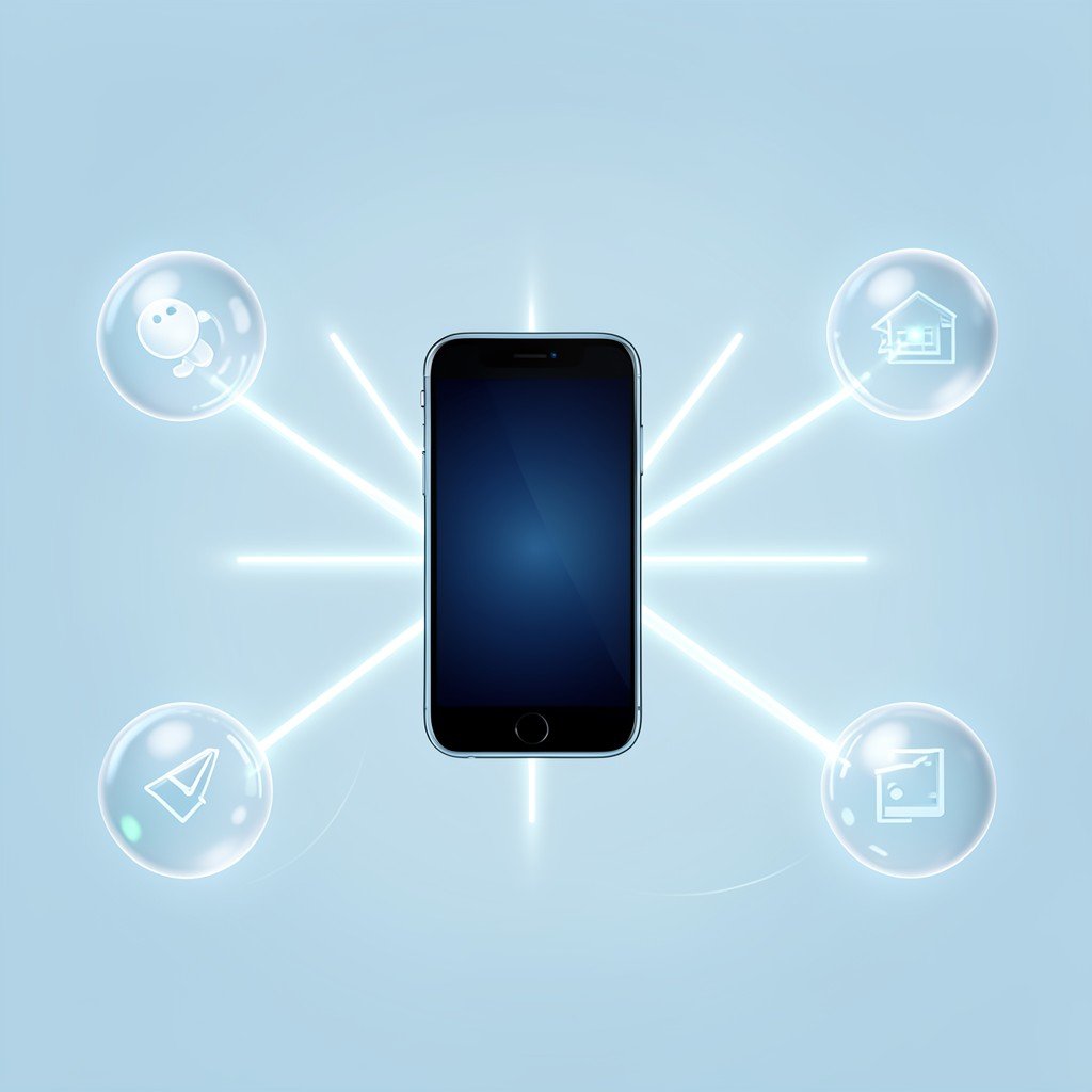 Conceptual illustration of a smartphone at the center with glowing connection lines branching out to several abstract orbs representing different services, clean futuristic style, no visible text, no logos, no watermark, aspect ratio 4:3