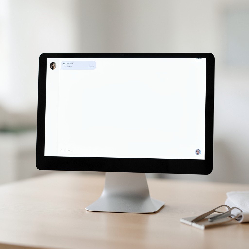 A clean minimal chat conversation on a computer screen with soft focus background, calm neutral tones, modern workspace, no visible text, no logos, no watermark, aspect ratio 1:1