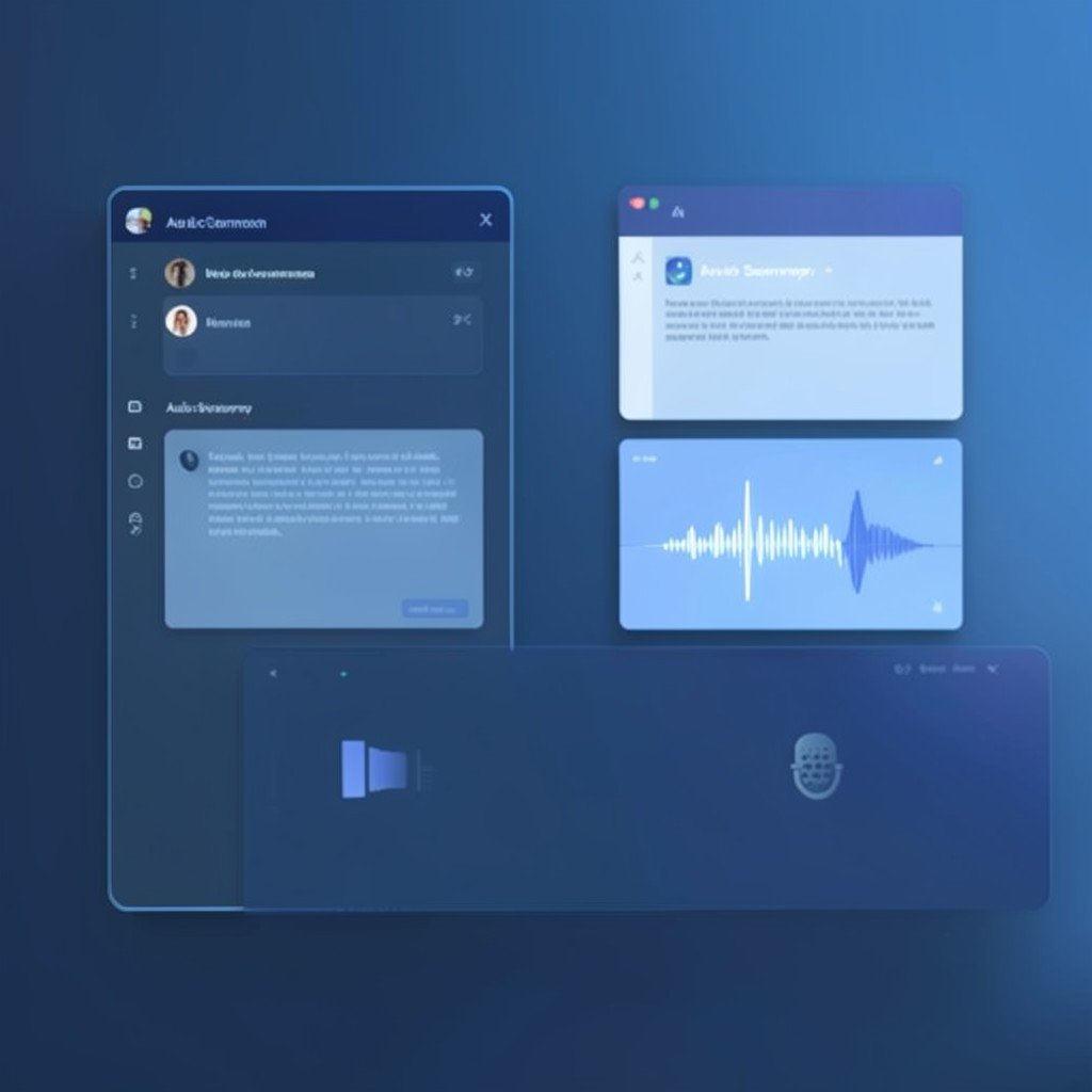 An abstract AI workspace interface with floating document cards, a microphone waveform for an audio summary, and soft blue lighting, no visible text, no logos, no watermark, aspect ratio 1:1