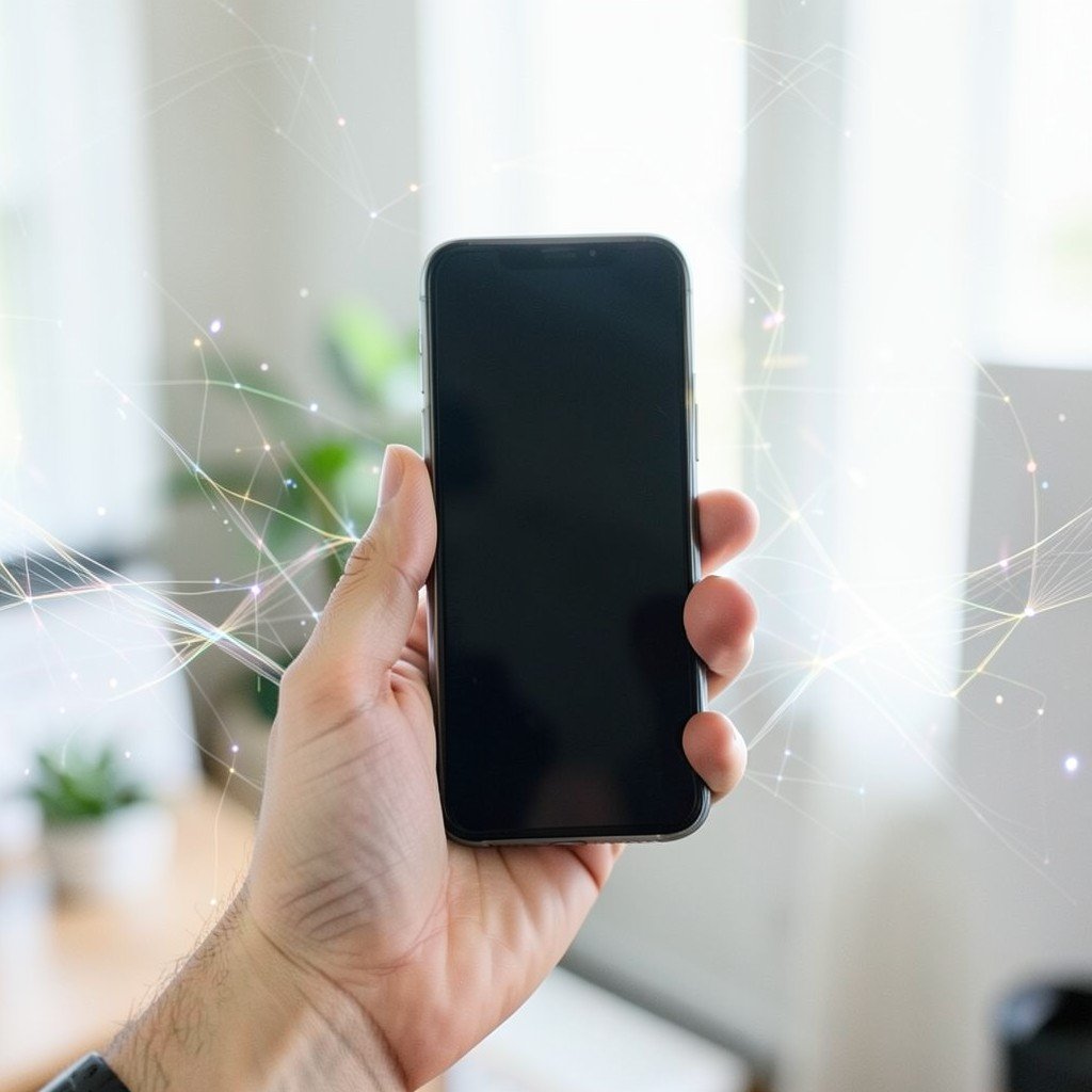 A person holding a smartphone in a bright everyday setting with subtle abstract light patterns suggesting helpful background AI, no visible text, no logos, no watermark, aspect ratio 1:1