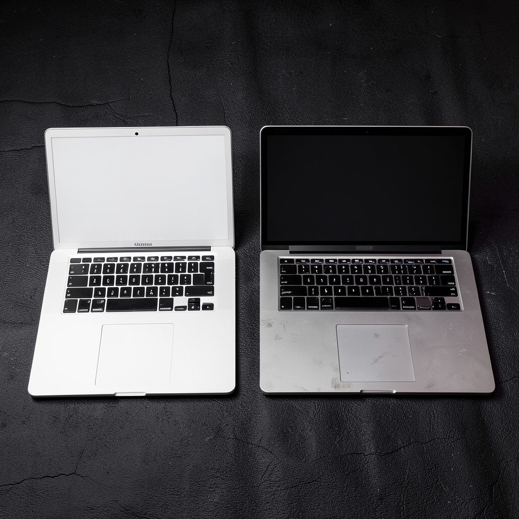 Two laptops side by side on a textured dark surface, one pristine and one with minor signs of use, studio lighting, conceptual photography, no visible text, 1:1
