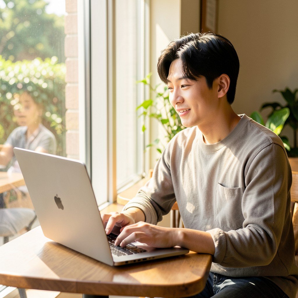 A Korean person working on a laptop at a bright cafe by the window, relaxed atmosphere, warm daylight streaming in, lifestyle photography, natural expression, no visible text, 4:3