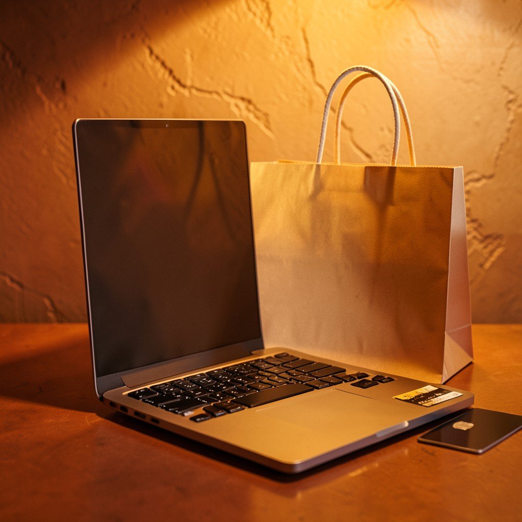 A laptop with a shopping bag and credit card on a warm-toned desk, cozy evening lighting, concept of smart budget shopping, textured background, no visible text, 1:1