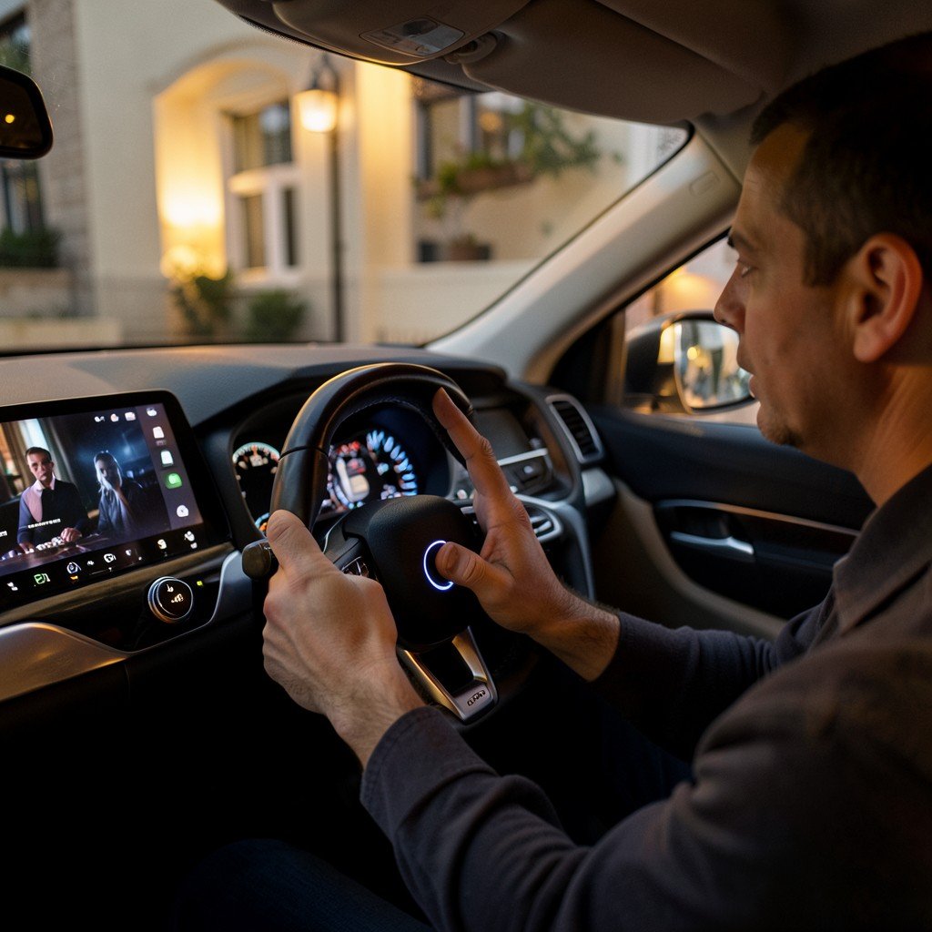 Driver speaking to voice assistant in modern car, hands on steering wheel, glowing microphone indicator on dashboard screen, cozy interior lighting, lifestyle photography style, no visible text, 4:3
