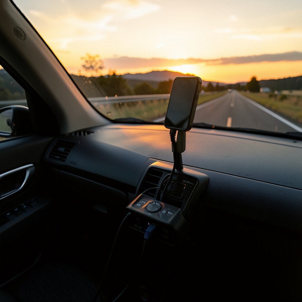 Car interior at sunset with smartphone connected to dashboard via cable, scenic road visible through windshield, warm golden hour lighting, cinematic atmosphere, no visible text, 4:3